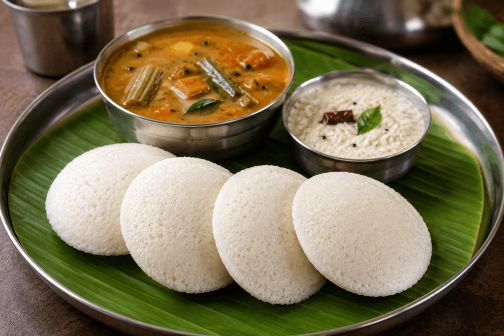 idli with sambar and coconut chutney